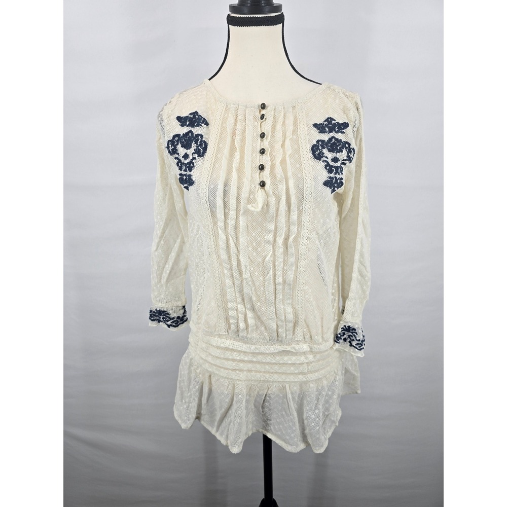 Free People Ivory Lace‎ Embroidered Tunic Top Navy Blue Boho Henley Small